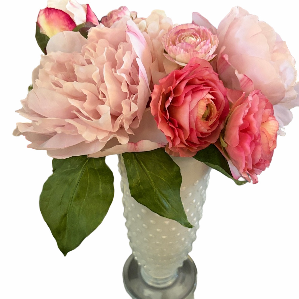 Shabby chic Vintage Glass hobnail vase ruffled edge WITH pink peony arrangement. - Picture 2 of 4